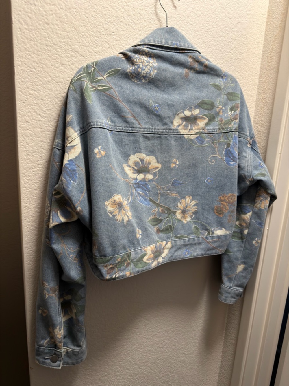 Floral Light Blue Cropped Denim Jacket - Women's Jean Jacket